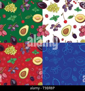 Seamless vector pattern with fruits and berries: grapes, plums, cherries, avocado, mint, raspberry, blackberry. Four variant of background. eps 10 Stock Vector