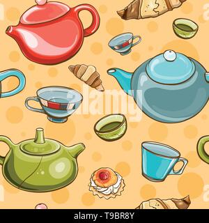 Bright colorful seamless pattern with tea set. Tea time. eps 10 Stock Vector