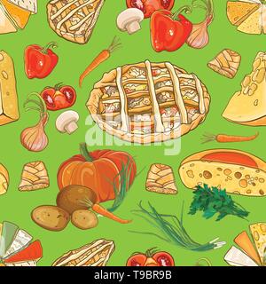 Seamless background with food: pies, cheese and vegetables. Vector pattern. eps 10 Stock Vector