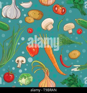 Seamless vector pattern with onions, carrots, mushrooms, potatoes, parsley, garlic, peppers, tomatoes, cabbage, dill. Food ingredient. Background for  Stock Vector