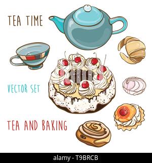 Vector set of illustration of pastry, baking, teapot and cup. Tea time. Isolated objects. eps 10 Stock Vector