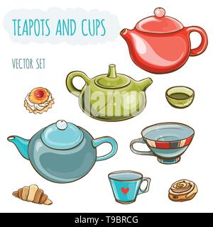 Tea set. Vector illustration set of teapots and cups.Tea time. Isolated. eps 10 Stock Vector