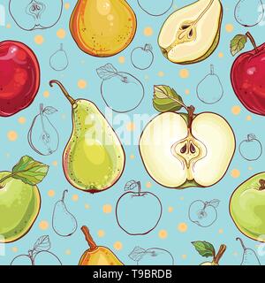 Bright vector seamless pattern with fresh apples and pears. Single apple and pear, part of apple and pear, colored and outline drawing of fruits. eps  Stock Vector