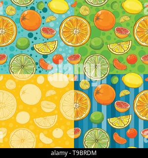 Four vector seamless patterns with lemon, lime, orange, tangerine, grapefruit. Bright background with juicy citrus fruits. eps 10 Stock Vector