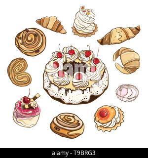 Set of sweet buns and cakes. Vector illustration of pastries and sweets. Isolated objects. eps 10 Stock Vector