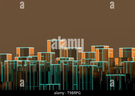 Conceptual abstract skyline with cuboids and copy space. Blue and orange. 3d render illustration. Stock Photo