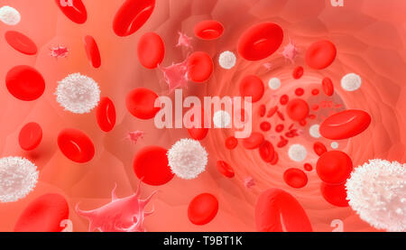 Red and white blood cells and platelets flowing through a vessel or a vein. Medical and microbiology 3d rendering illustration. Stock Photo