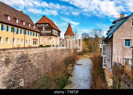 Balingen, Germany, the landmark of the city is the Zollernschloss. Adjacent to it is the former tanner quarter, also known as 'Little Venice'. Stock Photo