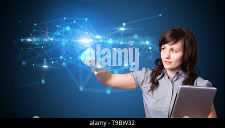 Woman touching hologram screen displaying modern web system  Stock Photo