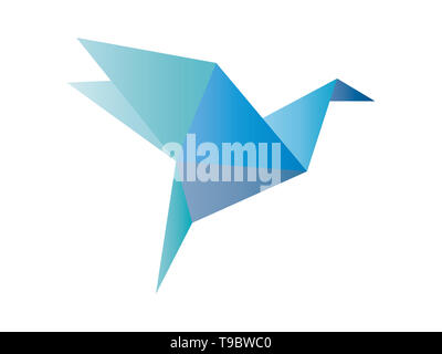 Origami folded blue flying bird isolated on white background. Stock Photo