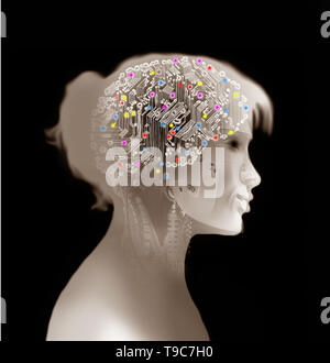 concept image of a female robotic head showing an interior of electrical components