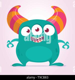 Cool cartoon monster with three eyes. Vector blue monster illustration. Halloween design Stock Vector