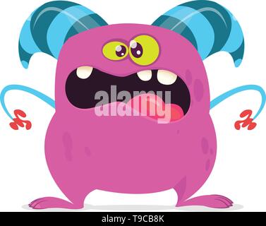 Happy cartoon monster. Halloween pink furry monster vector illustration Stock Vector