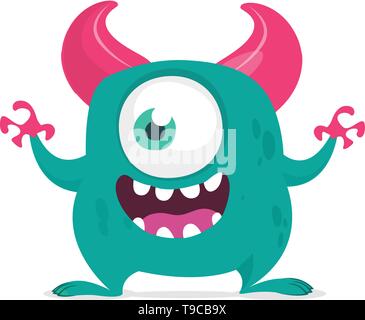 Funny cartoon monster with one eye. Vector blue one-eyed monster illustration. Halloween design Stock Vector