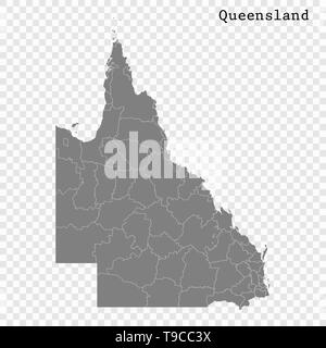 High Quality map of Queensland is a state of Australia, with borders of the Local government areas Stock Vector