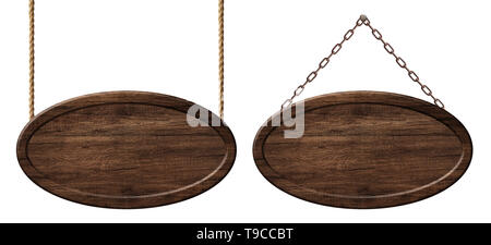 Empty oval sign made of dark wood hanging on ropes and chains. Isolated on white background Stock Photo