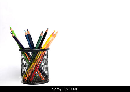 Pencil container with pencils isolated on white background Stock Photo