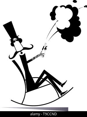 Champagne splashes and man illustration.Mustache man in the top hat sits in the rocking chair and opens a bottle of wine or champagne black on white Stock Vector