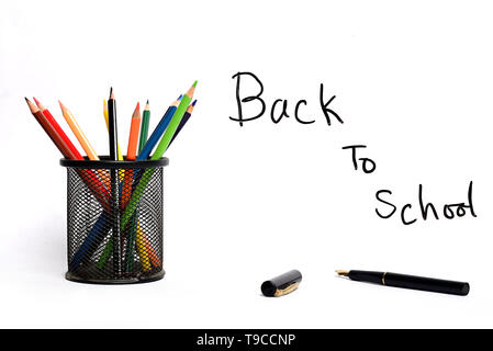 Back to school text with pencil container isolated on white background Stock Photo