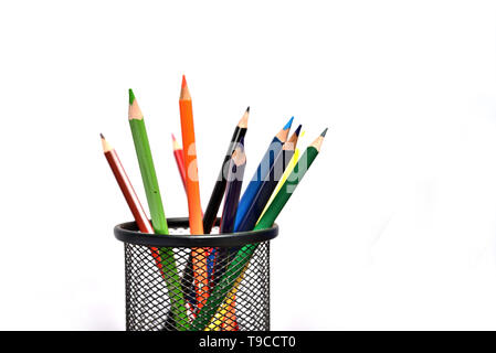 Pencil container with pencils isolated on white background Stock Photo