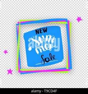 Summer Sale blot banner. Multicolored squares frame on transparent background. Blue, pink, green blots with shadow. Lettering inscription with water Stock Vector