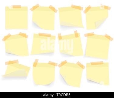 Collection of yellow colored sheets of note papers with curled corner and shadow, ready for your message. Realistic. Isolated on white background. Set Stock Vector