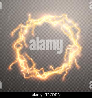Realistic lightnings with transparency for design. Circle surrounded by lightnings luxurious pattern. Vector illustration. Stock Vector