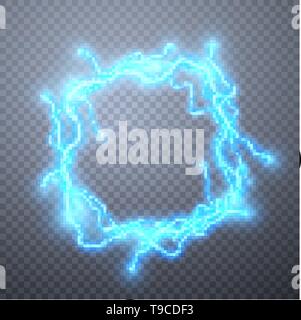 Realistic lightnings with transparency for design. Digital effect of glowing, electrical discharge, design decoration. Vector illustration. Stock Vector