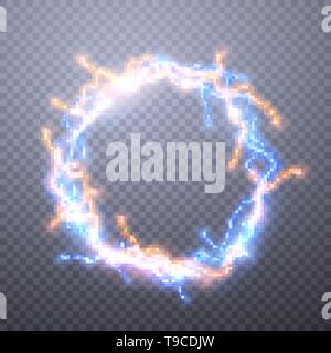 Realistic lightnings with transparency for design. Digital effect of glowing, electrical discharge, design decoration. Vector illustration. Stock Vector