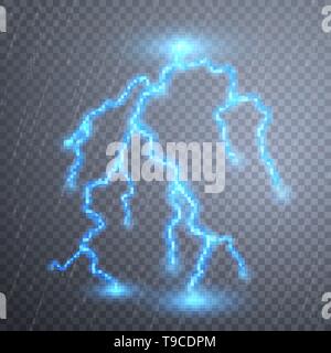 Realistic lightnings with transparency for design. Thunder-storm and lightnings. Magic and bright lighting effects. Vector illustration. Stock Vector
