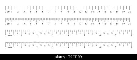 Inch and metric rulers. Measuring tool. Ruler Graduation grid. Size indicator units. Centimeters and inches measuring scale. Vector illustration. Stock Vector