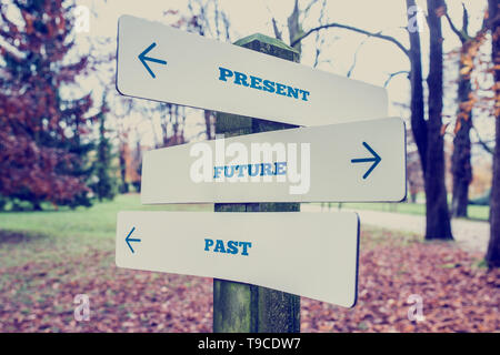 Conceptual Design of Present, Future and Past on Direction Sign Board on a Grassy Landscape with Trees at the Background. Stock Photo