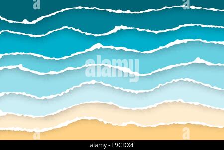 Blue sea and beach summer background. Torn paper stripes. Ripped squared horizontal paper strips. Torn paper edge. Vector illustration. Stock Vector