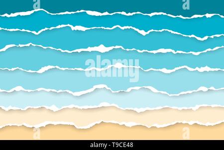 Blue sea and beach summer background. Torn paper stripes. Ripped squared horizontal paper strips. Torn paper edge. Vector illustration. Stock Vector