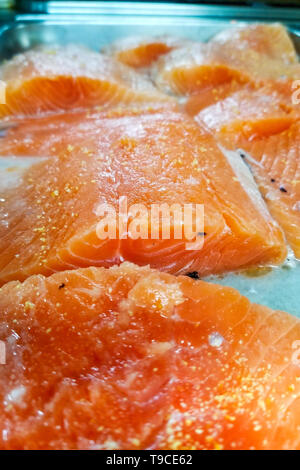 salmon fillet on a metal tray Stock Photo