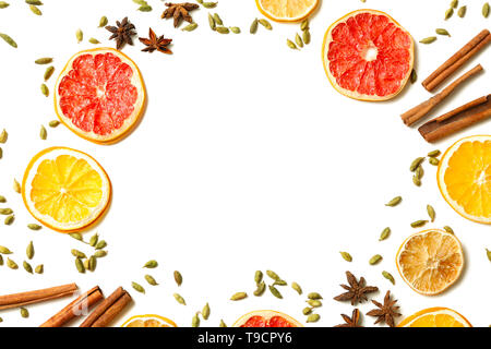 Frame made from ingredients for tasty mulled wine on white background Stock Photo