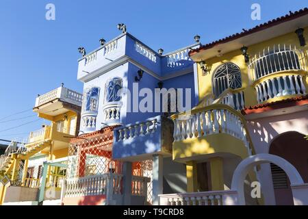 Colorful Residential Private Houses Buildings Condo Facade Exterior in Trinidad, Caribbean resort town in Cuba