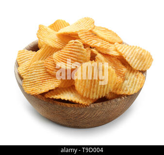 Bowl with tasty potato chips on white background Stock Photo