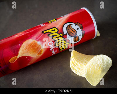 A can of original flavour Pringles potato chips. Stock Photo