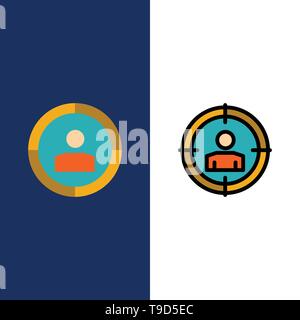 Focus, Target, Audience Targeting,   Icons. Flat and Line Filled Icon Set Vector Blue Background Stock Vector