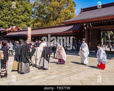 24 March 2019: Tokyo, Japan - Part of a traditional Shinto marriage ceremony at the Meiji Jingu shrine in Tokyo. Stock Photo