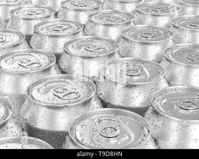 Aluminum cans with condesation formed background. 3d illustration. Stock Photo