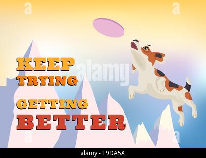Beagle dog catching a flying disc in the air, jumping very high over mountain peak in background, Concept for trying hard to getting better. vector il Stock Vector