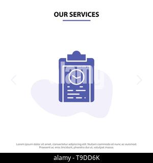 Our Services Clipboard, Coach, Plan, Progress, Training Solid Glyph Icon Web card Template Stock Vector