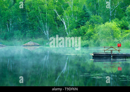 Picnic table and dock, Riviere Fraser, Latulipe, Quebec, Canada Stock Photo