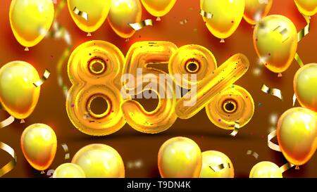 Eighty Five Percent Or 85 Benefit Offer Vector. Discount Bonus Banner, Benefit Rate Sale Promotion Of Store Opening Day Decorate Golden Shiny Balloons Stock Vector