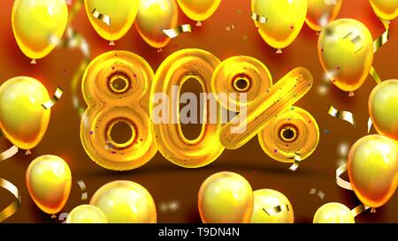 Eighty Percent Or 80 Special Sale Offer Vector. Finance Marketing Poster, Special Economy Sale Promotion Of Winter Holidays Decorate Golden Shiny Ball Stock Vector