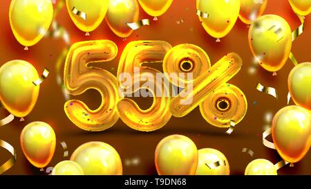 Fifty Five Percent Or 55 Marketing Offer Vector. Business Discount Campaign Banner, Shop Marketing Sale Off On Mother Day, Balloons And Confetti. Uniq Stock Vector