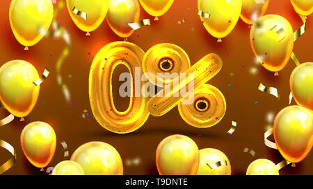 Zero Percent Or 0 Marketing Special Offer Vector. Business Advertising Banner And Marketing Of Free Commission Of Bank Credit With Golden Balloons And Stock Vector