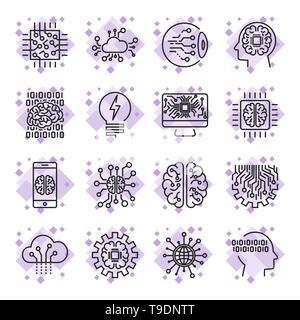 Icon set for artificial intelligence ai concept various symbols for the topic using flat design. Editable Stroke. Stock Vector